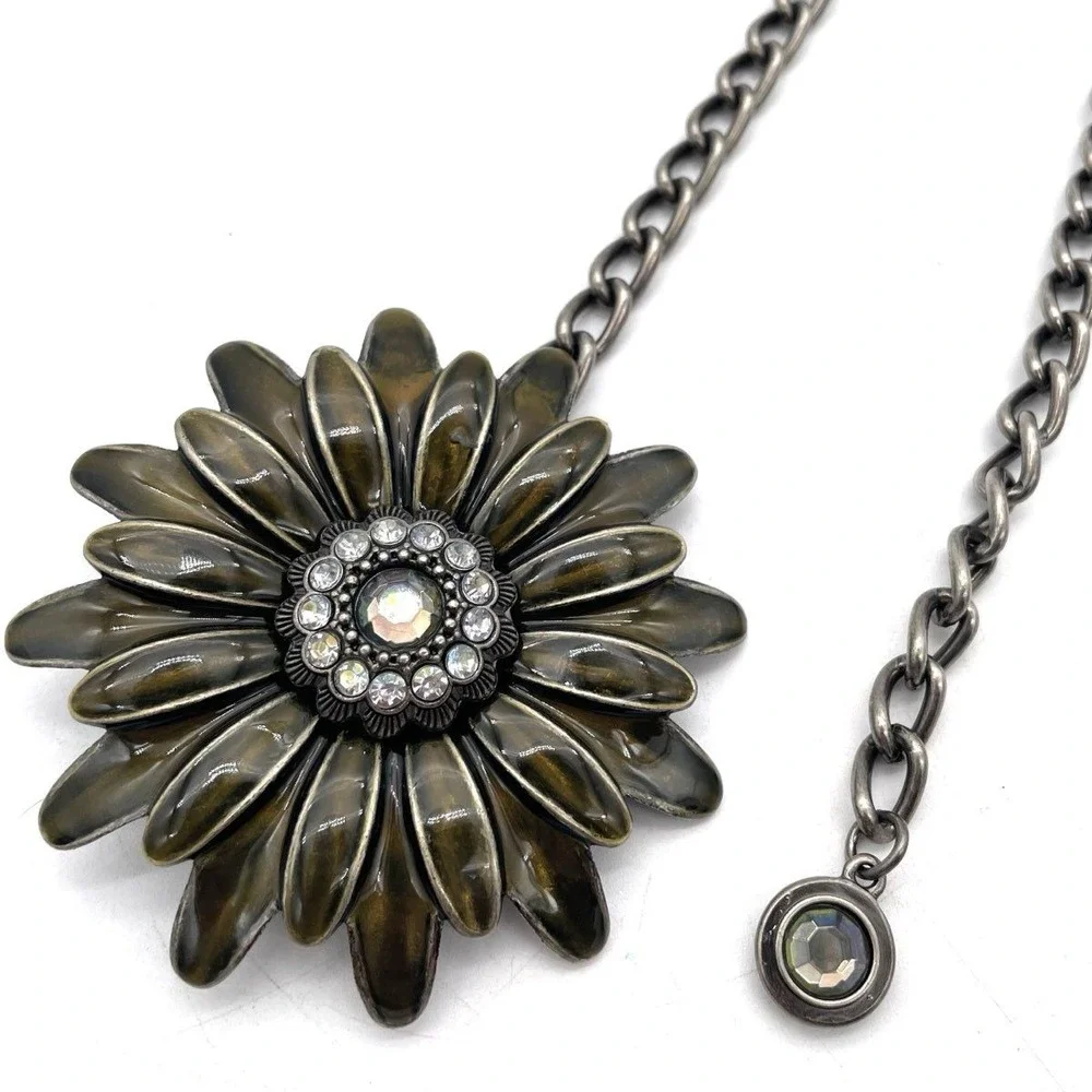 Y2K Oversized Flower Chain Metal Belt Brown Enamel Rhinestone Daisy Statement